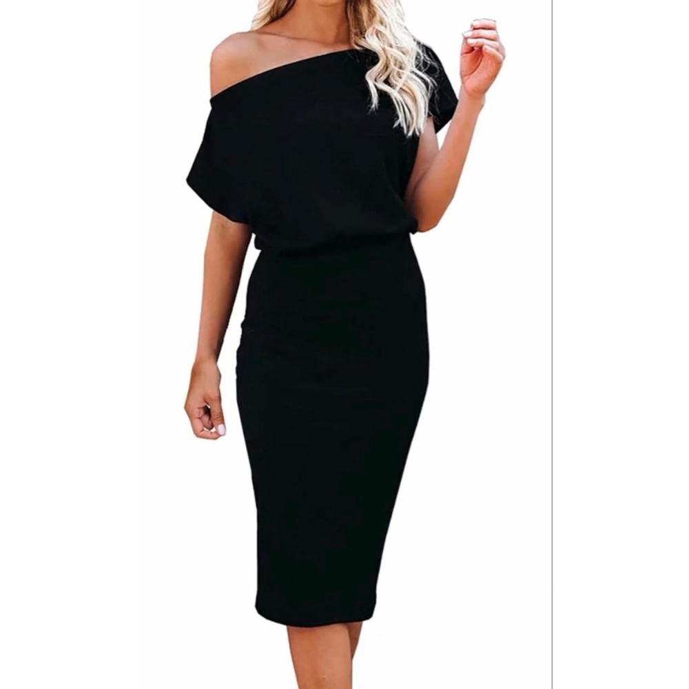 NEW Black Off The Shoulder Short Sleeve Ribbed Casual Midi Dress M